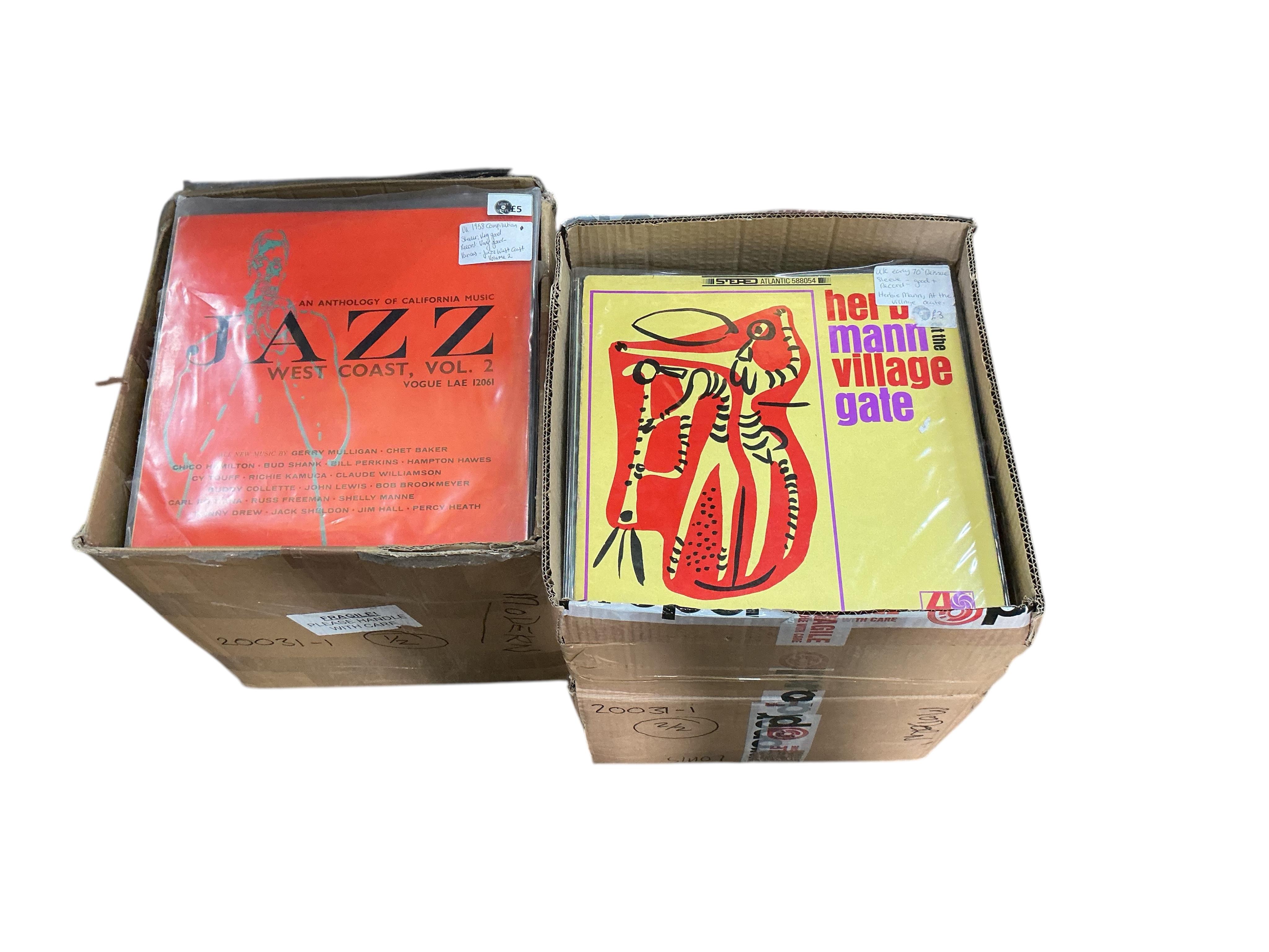Two boxes of jazz LP record albums, including many 1950s/60s Bebop artists; Pete Jolly, Kansas City Jazz, Mel Torme, Charlie Byrd, Jimmy Smith, Curtis Fuller, Vinnie Burke, Billie Holiday, Buddy Tate, Lee Konitz, Shelly